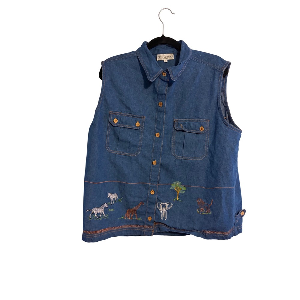 Kaktus Women's Denim Vest Sleeveless Safari Animal Embroidered Size 1X‎